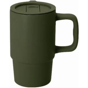 A drink bottle in dark green with a handle and a secure lid, featuring a simple, modern design.