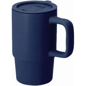 A drink bottle in navy blue with a handle and a lid, featuring a simple design and a logo.