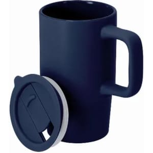 A drink bottle in a dark navy colour with a handle and a removable lid.
