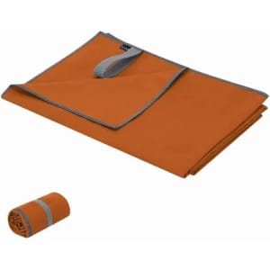 An orange travel towel folded and rolled, with grey edges and a loop for easy carry.