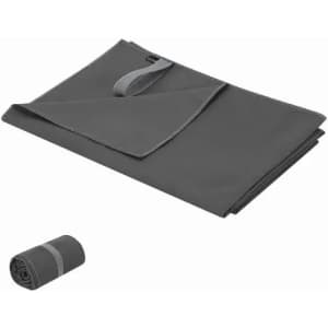 A grey travel towel neatly folded with a rolled-up version beside it. The towel features a strap for easy carrying.