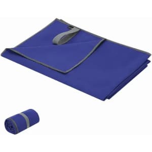 A blue towel with grey trim, folded neatly and rolled up beside it. The towel features a loop for hanging.