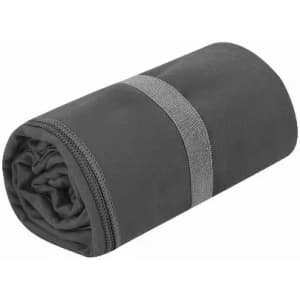 A grey rolled-up blanket secured with a grey strap, featuring a smooth texture and compact design.