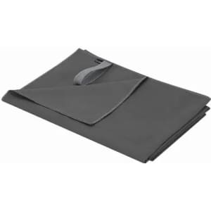 A grey fabric product neatly folded with a flap and a loop for closure. Features branding.
