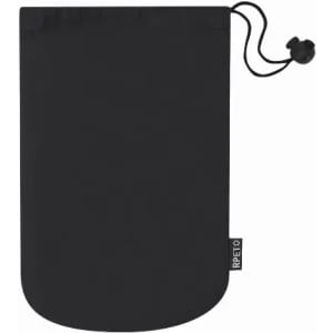 A black RPET pouch with a drawstring closure and rounded bottom. Suitable for various storage needs.