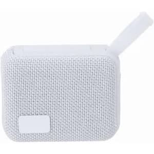 A white Groxen Speaker with a textured fabric exterior and a retractable handle.