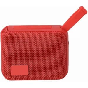 A compact red speaker with a textured finish and a carrying strap, featuring a small logo.