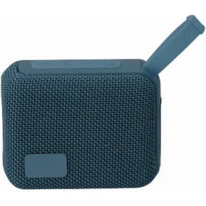 A rectangular blue speaker with a textured surface and a carrying handle. It features a logo on one side.
