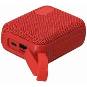 A red Groxen Speaker featuring a textured finish, charging ports, and control buttons on one side.