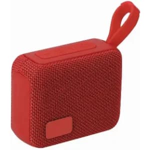 A compact red speaker featuring a textured fabric finish and a loop for attachment, with a small logo on the side.