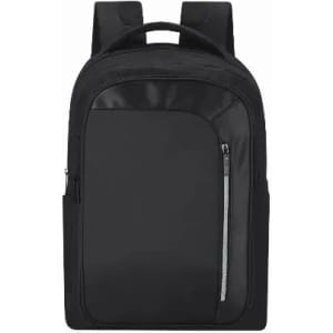 A black backpack with two shoulder straps and a front zippered pocket, featuring a sleek design.