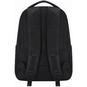 A black backpack with padded straps and a minimalist design. The back features adjustable straps for comfort.