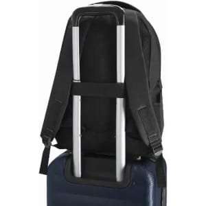 A black backpack with adjustable straps resting on a blue suitcase handle, featuring a sleek design.