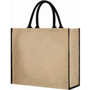 A tote bag in a textured beige material with black handles. The design is simple and chic.