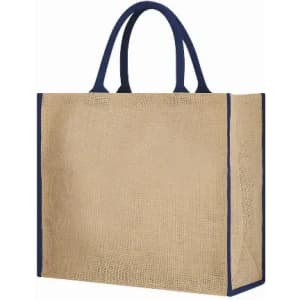 A shopping bag with a textured gold exterior and navy blue handles. It has a spacious rectangular shape.