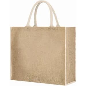A jute tote bag in natural brown tones with white handles, featuring a simple design and sturdy construction.