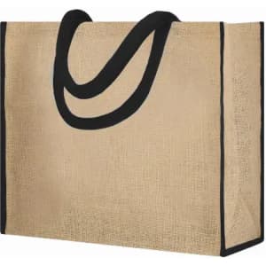 A jute tote bag in natural tones with black handles and trim, featuring a simple design and spacious interior.