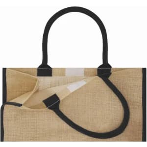 A jute tote bag with black handles, featuring a natural jute colour and an open top design.