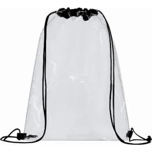 A transparent drawstring bag with black accents, featuring a simple design and adjustable cords.