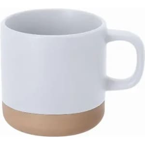 A drink mug featuring a white body and a tan coloured base, with a handle on the side.