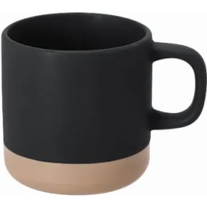 A drink mug in black with a matte finish and a beige base. It features a sturdy handle and a simple design.