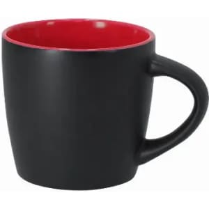 A drink mug featuring a black exterior and a red interior, with a curved handle. It has a smooth finish.