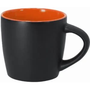 A drink bottle featuring a black exterior and an orange interior, with a curved handle and rounded shape.