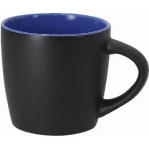 A drink bottle with a black exterior and a blue interior, featuring a curved handle and a smooth finish.