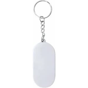 A keychain featuring a plain white oval design with a metal loop for attachment.
