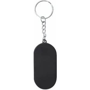 A black keychain featuring an oval-shaped pendant attached to a metal ring with a chain.