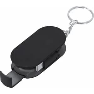 A black keychain gadget with a sliding mechanism, designed for convenience. It features a loop for attachment.