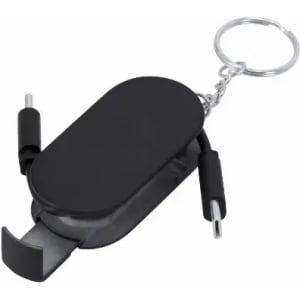 A keychain device in black featuring retractable connectors and a keyring attachment.