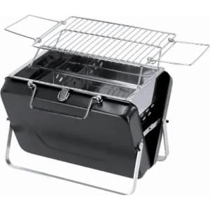 A portable charcoal barbecue grill in black with a chrome rack and hinged lid for easy access.