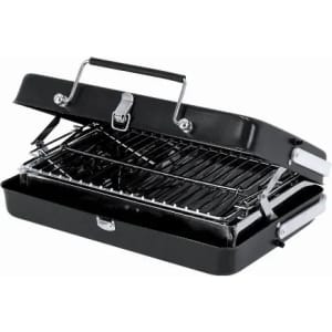 A portable black grill with a grilling rack and a secure latch, designed for easy transport and cooking.