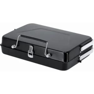 A portable black BBQ case with a handle and metal latch, designed for grilling.