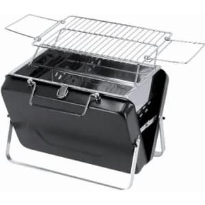 A portable charcoal grill in black with a chrome cooking grate and foldable side panels for easy access.