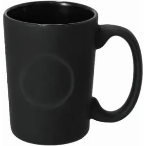 A black ceramic mug with a smooth finish and a sturdy handle, featuring a logo on one side.