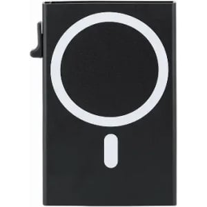 A black promotional product featuring a circular logo design and a clip on the side.