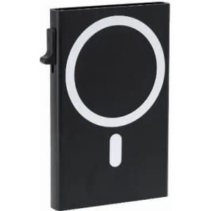 A black promotional product with a white logo design. It has a slim, rectangular shape with a clip.