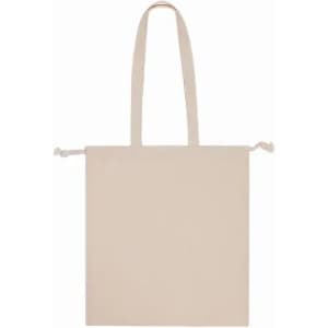 A tote bag in a soft beige colour with two handles and drawstring closure. Features a logo on one side.