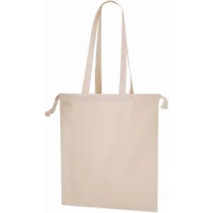 A tote bag in a beige colour with long handles and a drawstring closure at the top.