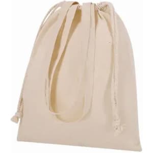A drawstring bag in a natural beige colour with rope ties and handles. The bag has a simple, unadorned design.