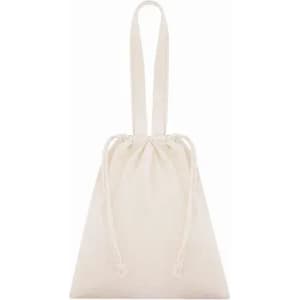 A drawstring bag in a light cream colour with two shoulder straps and a cinched closure at the top.