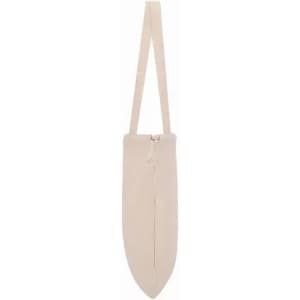 A cream-coloured bag with a long strap and a zip closure, featuring a simple, streamlined design.