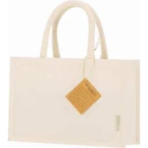 A cream-coloured tote bag with two handles and a tag attached, featuring a simplistic design.