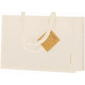 A cream-coloured tote bag with handles, featuring a tag. The bag has a simple, minimalist design.