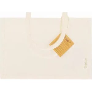 A tote bag in a translucent white design with handles and a tag attached.