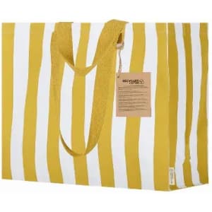 A large tote bag with yellow and white stripes, featuring sturdy handles and an attached tag.