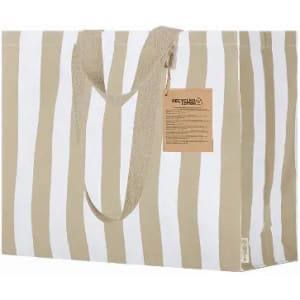 A striped tote bag in beige and white with long fabric handles, featuring a branded tag.
