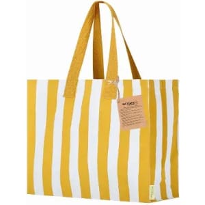 A striped tote bag in yellow and white with two sturdy handles and a tag attached.